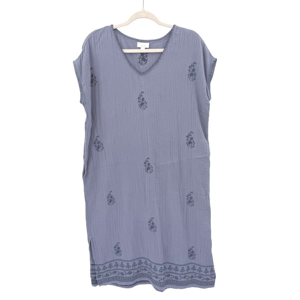 Pure Jill J. Jill Blue Cotton Gauze Embroidered V-Neck Shift Dress Pockets Small